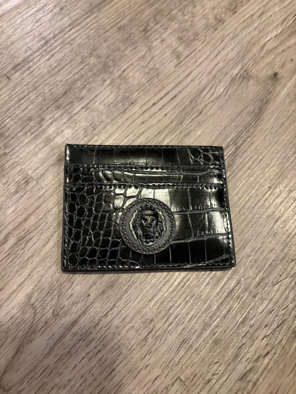 Aldo Black Croc-Embossed Card Holder with Medallion Accent
